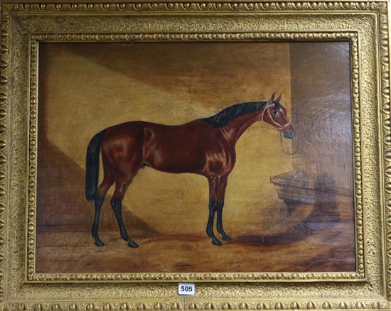 Follower of Harry Hall, oil on panel, Chestnut horse in a stable, 48 x 63cm